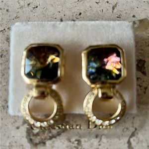 Christian Dior translucency green/brown gold tone Vintage clip on earrings